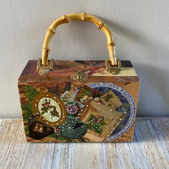 Bags Decoupage Bag With Bamboo Handle Rectangular Shaped Decoupage
